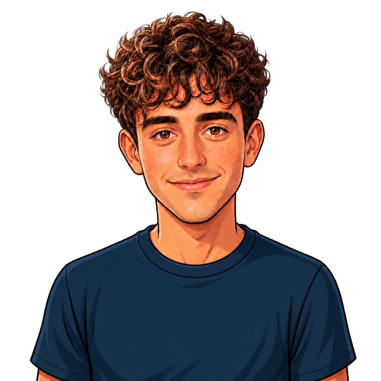 Retrato ilustrado de Iván Carrillo con camiseta azul oscuro y sonrisa con la boca cerrada