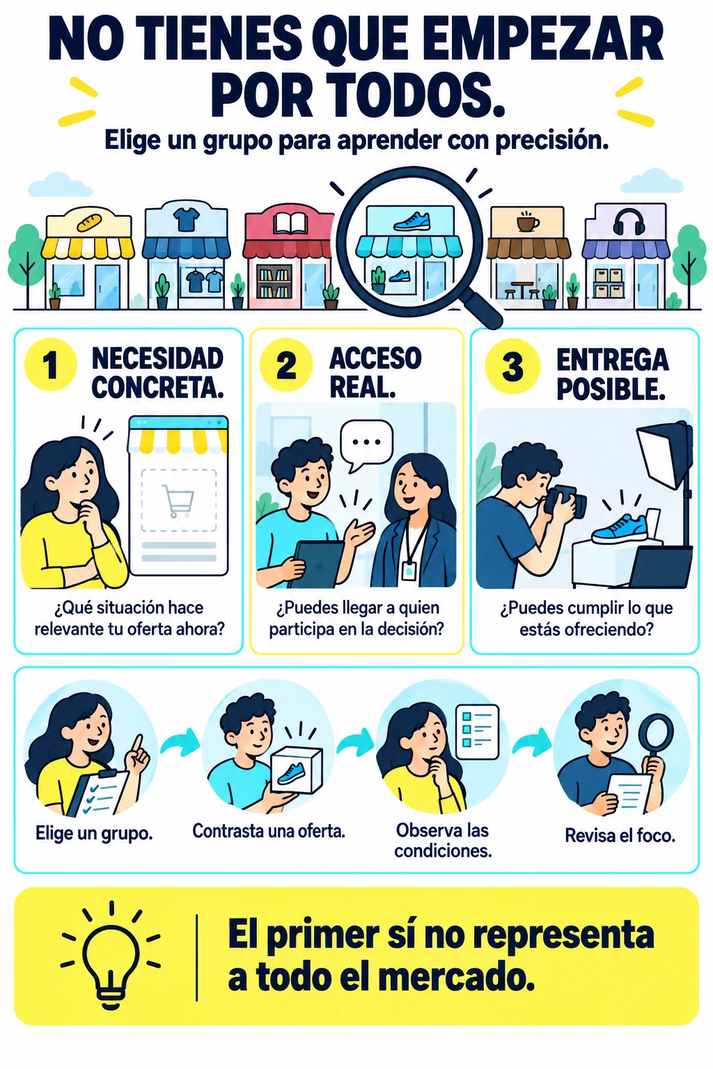 Tres preguntas orientan el foco inicial: una necesidad concreta, acceso a quienes deciden y capacidad de entregar. La elección se prueba y se revisa.